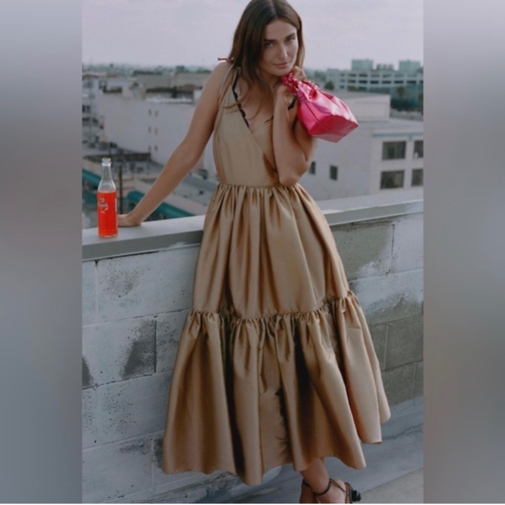 NEW Anthropologie Bloni Tiered Shine Dress Bronze V Neck Tie Strap Midi